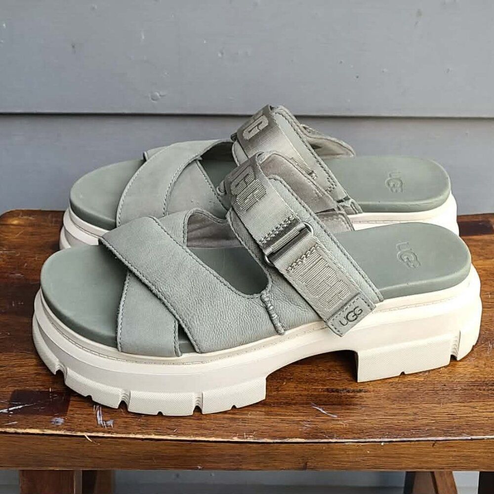 UGG Ashton Slide Gray Green Leather Logo Platform Sandals size 10